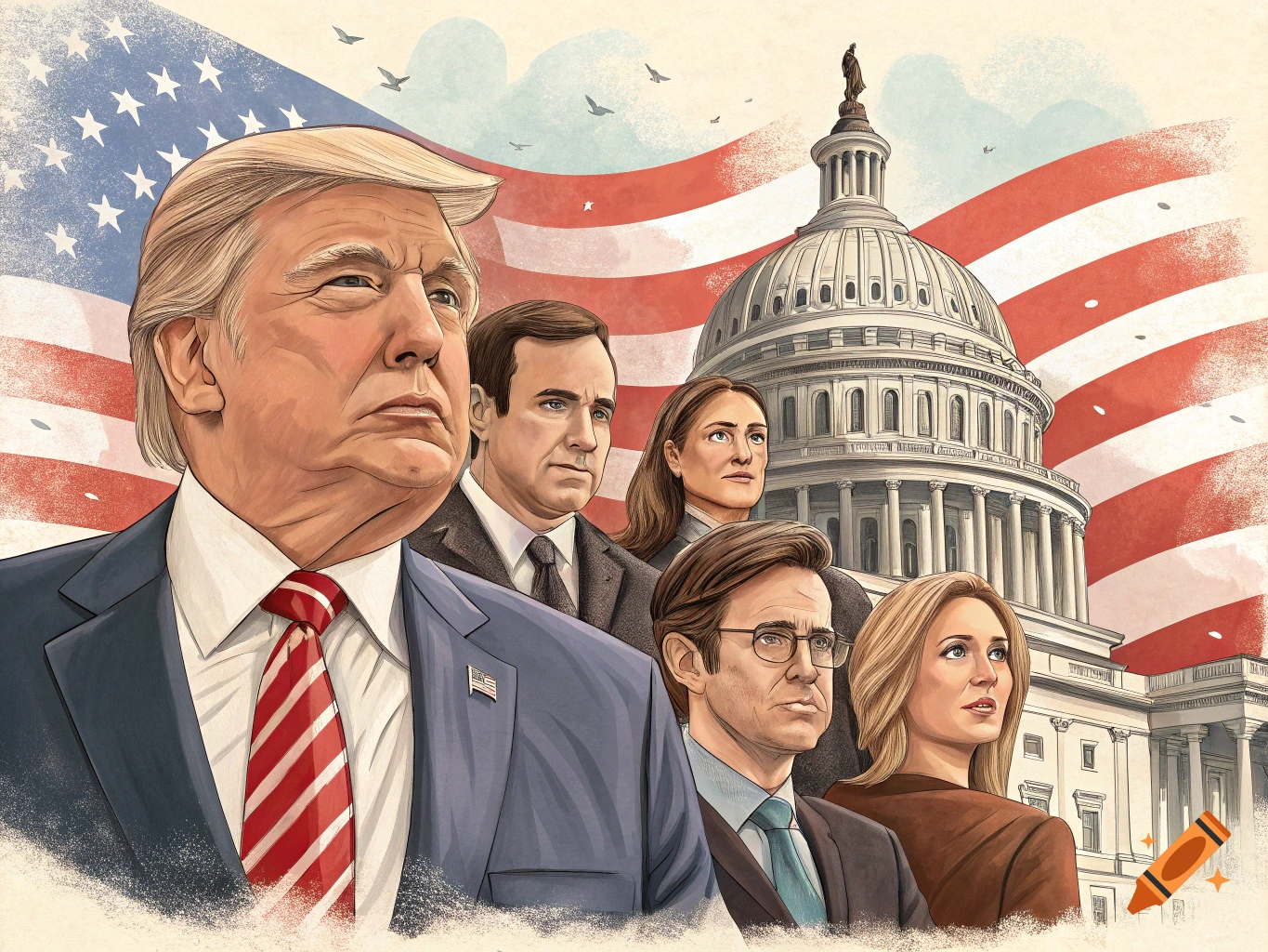 Illustration of Donald Trump and several other people in front of a US flag and the Capitol building.