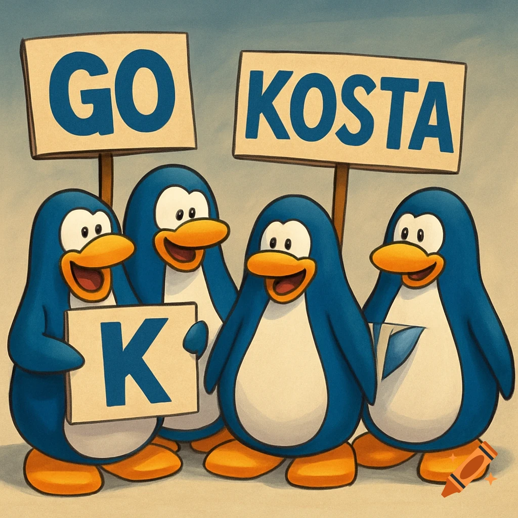 Cartoon blue penguins holding signs that say "GO", "KOSTA", and "K".