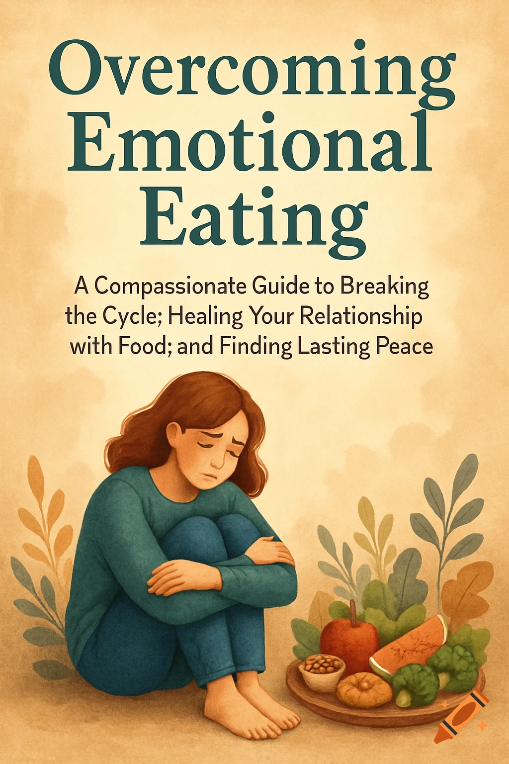 Book cover illustration of a sad person next to food and plants.