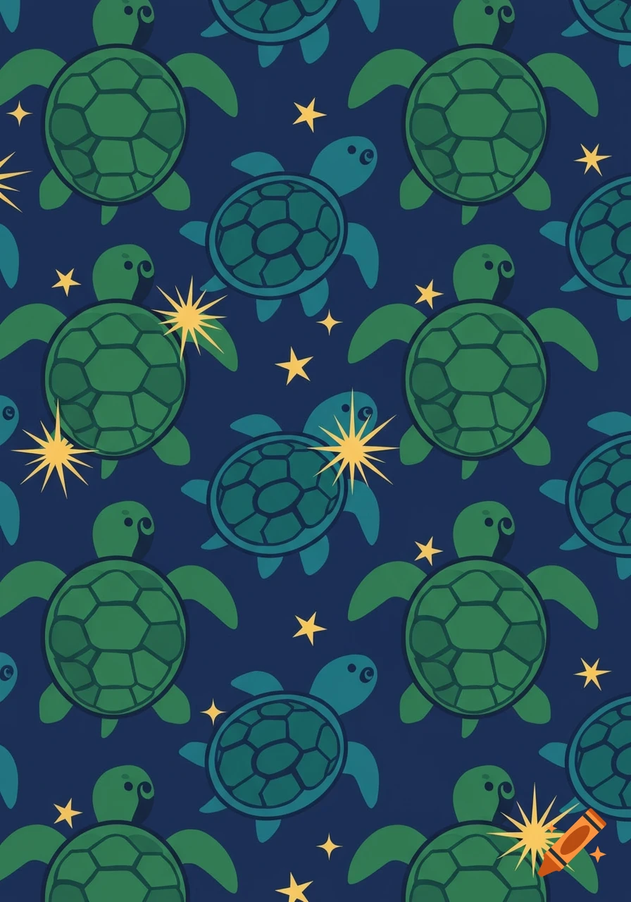 Seamless pattern of green and blue cartoon turtles and yellow stars on a dark blue background.