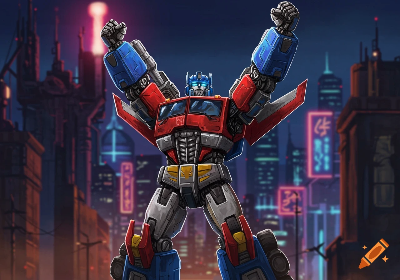 A large robot character with red, blue, and gray armor stands with arms raised in a stylized city at night.