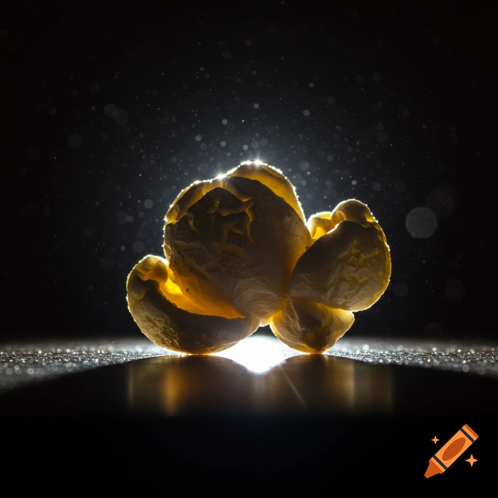 Macro shot of a single backlit popcorn kernel on a dark surface with sparkling background.