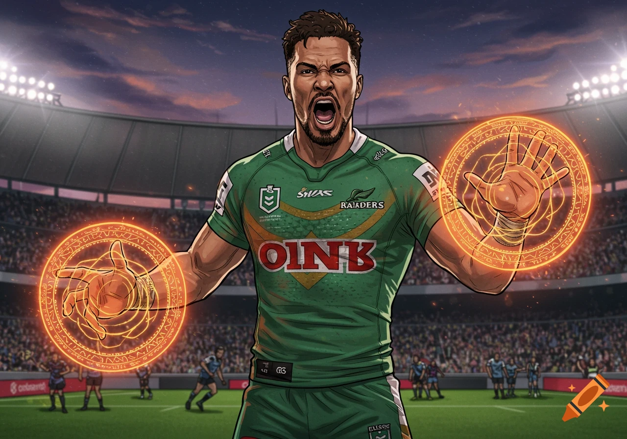 Rugby player in a green jersey in a stadium, casting orange magic from his hands.