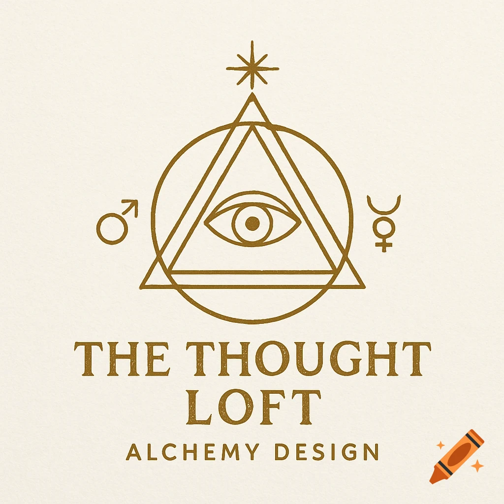 Logo with an eye in a triangle, alchemical symbols, and the text The Thought Loft Alchemy Design