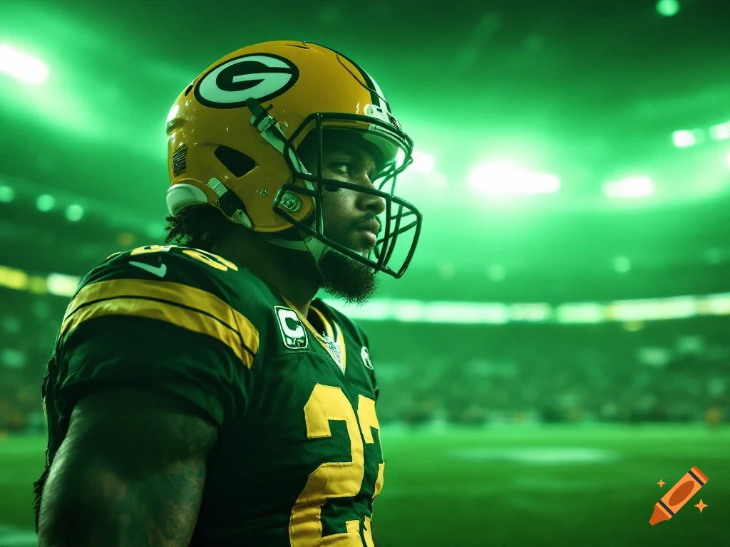 Football player in a Green Bay Packers uniform and helmet, number 23, on a green glowing stadium field.