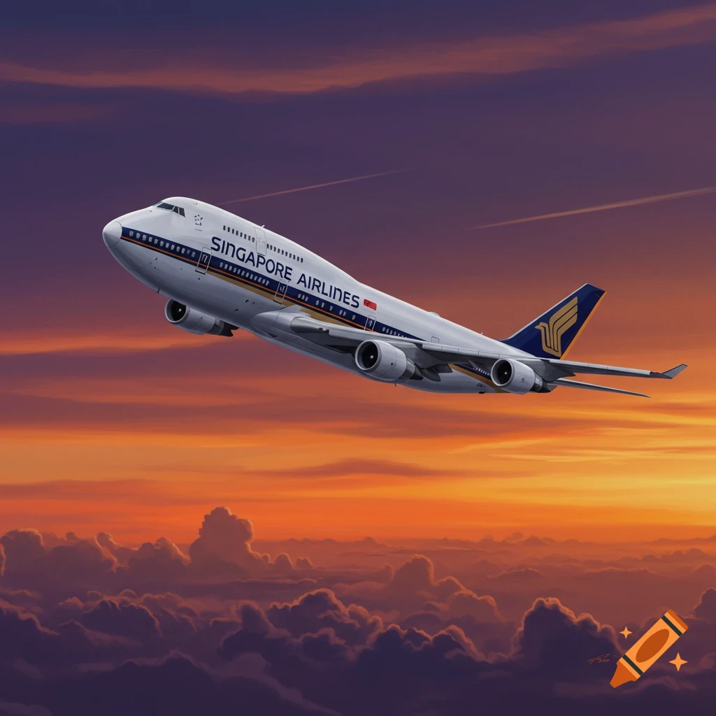 A Singapore Airlines airplane flies through a dramatic sunset sky.