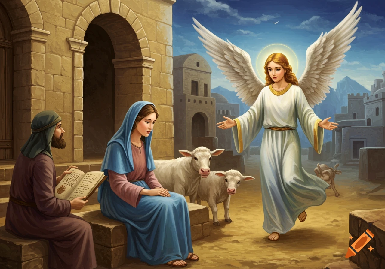 An angel appears to Mary and Joseph in a biblical setting, painted style.