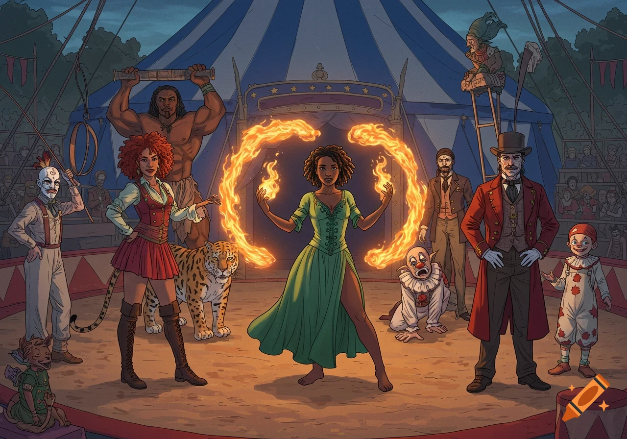 Illustration of circus performers: fire manipulator, strongman, animal trainer with big cat, ringmaster, clowns, and spectators in a big top tent.