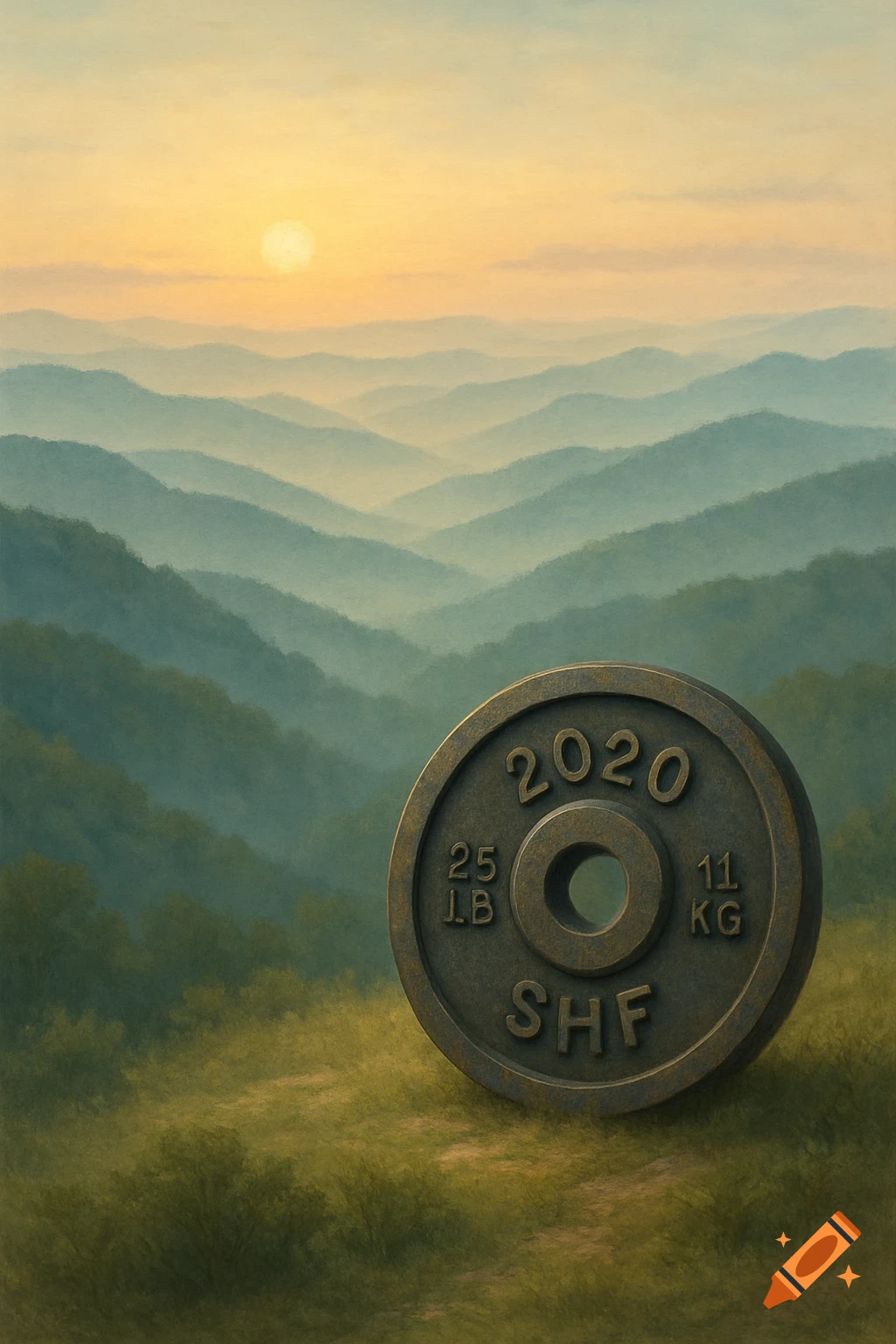 Vintage weight plate in a misty mountain landscape at sunrise, painting style
