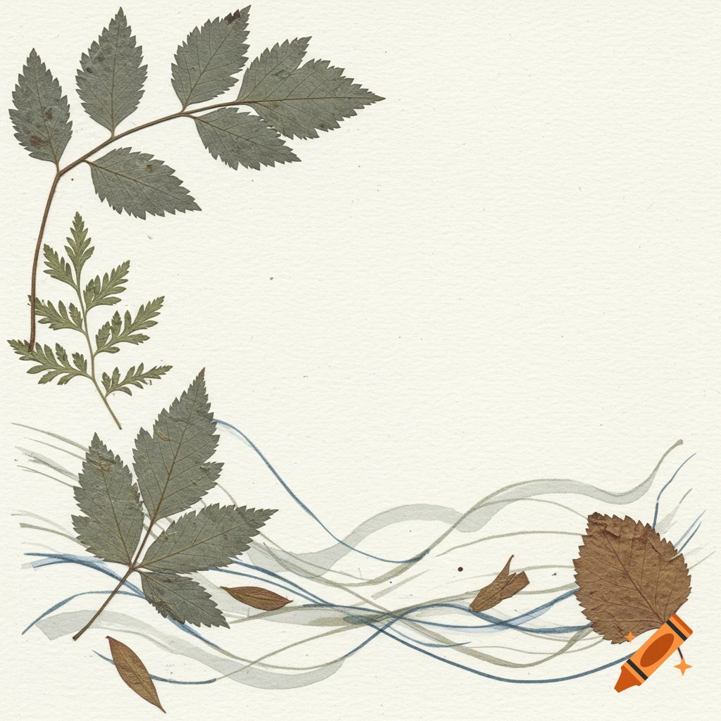 Pressed leaves and branches with flowing lines on textured paper, like a hand-drawn etching.