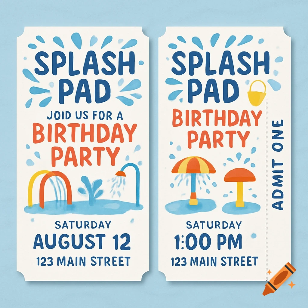 Two cartoon splash pad birthday party invitation tickets with text and illustrations.