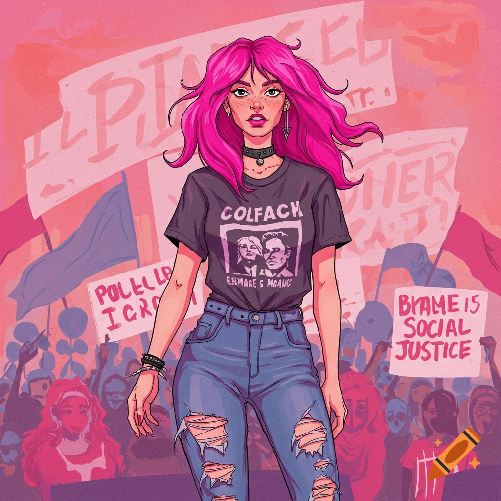 A woman with pink hair stands in front of a crowd holding signs in an ...