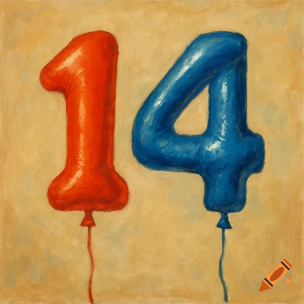 Red balloon shaped like the number 1 and a blue balloon shaped like the number 4, on a textured background.