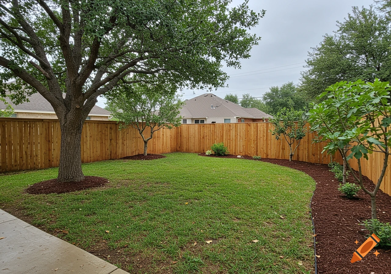 Landscaped backyard with wooden fence, green lawn, trees, and mulch.