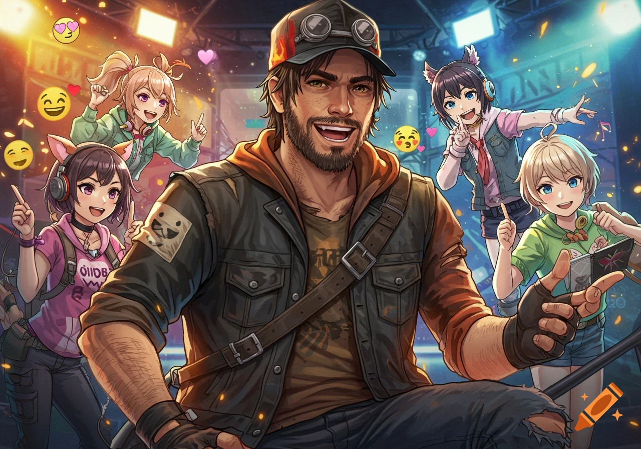 A realistic man with anime girls and emojis on a stage.