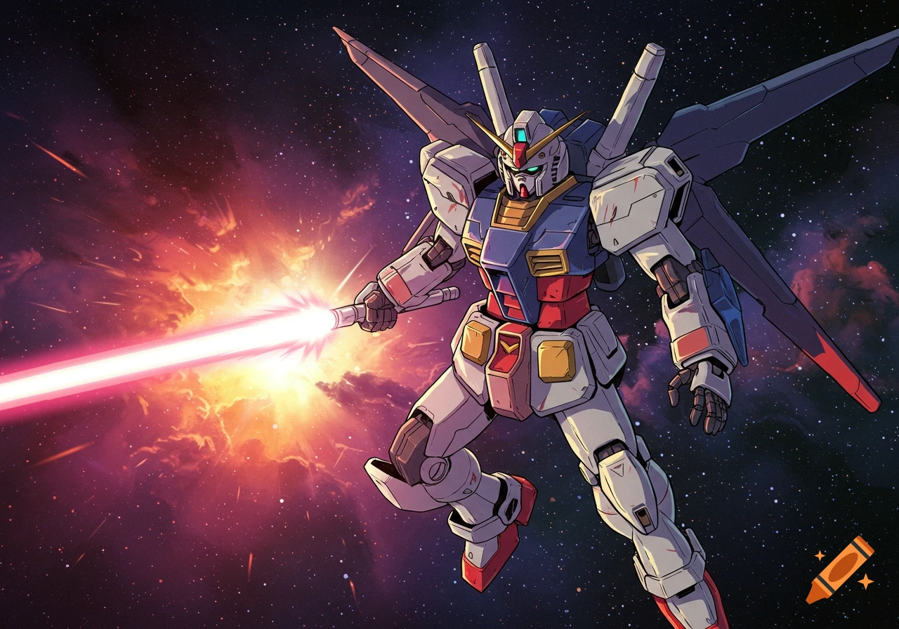 Anime style mecha fighting in space with beam saber.