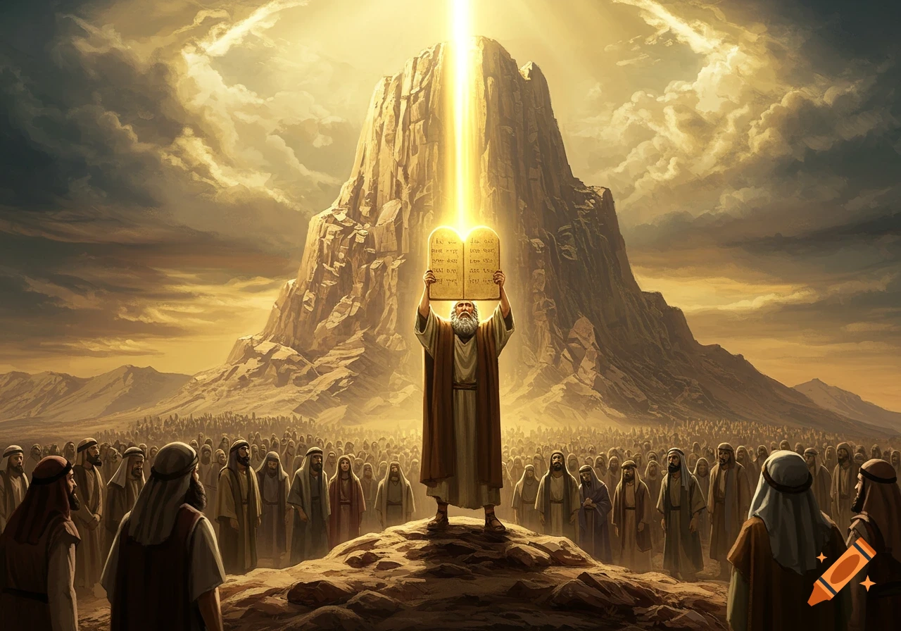 Moses holds the Ten Commandments tablets on Mount Sinai, illuminated by divine light, before a crowd of Israelites.