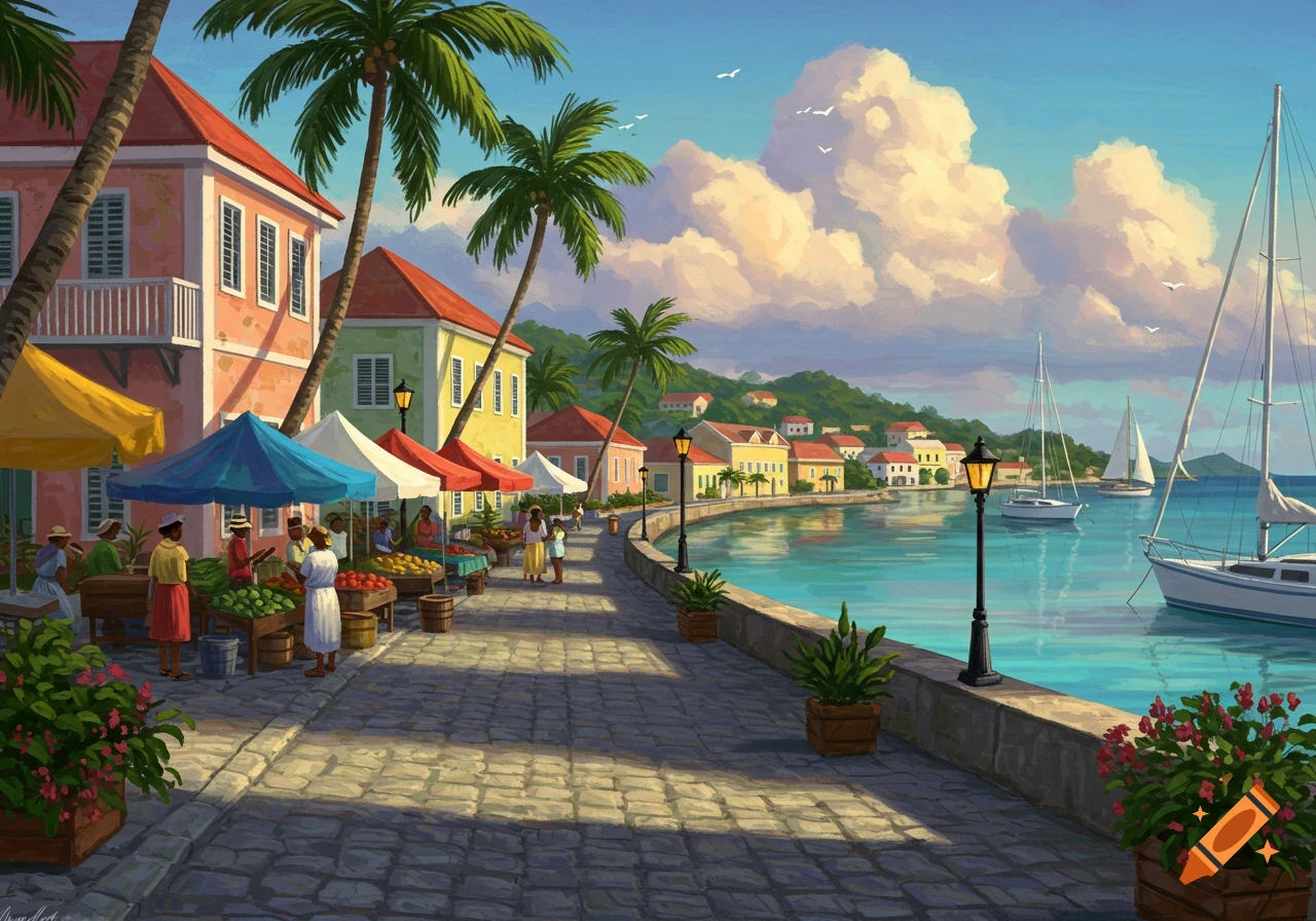 Colorful tropical market scene in a harbor town with buildings, palm trees, and sailboats, painting style.