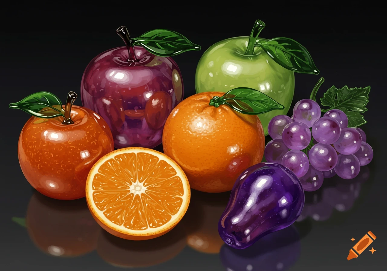 Still life of glass fruit including apples, orange, grapes, and pear/plum on a dark surface with reflections.