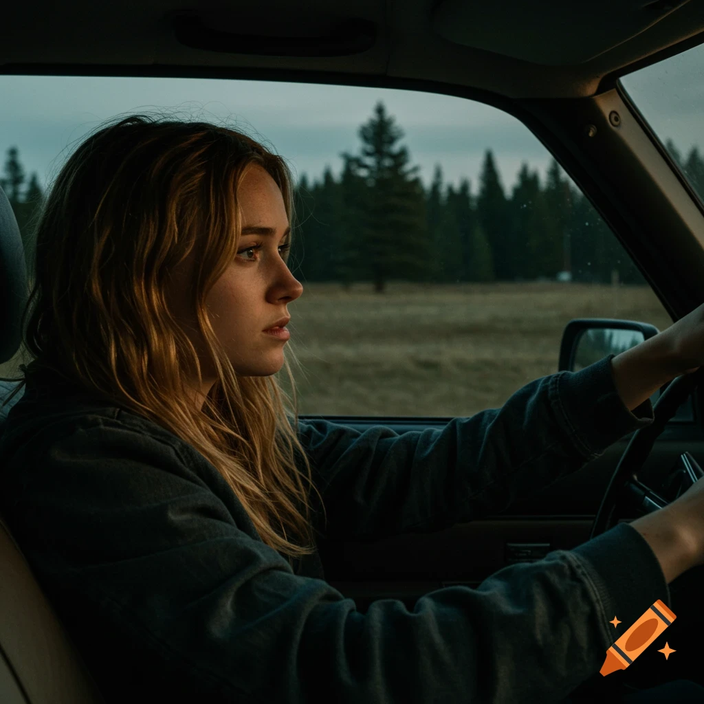 Young woman driving a car at dusk with a rural landscape in the background, cinematic style.
