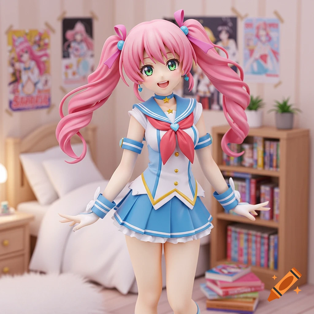 Anime figurine in blue sailor outfit in a bedroom with posters and bookshelf.