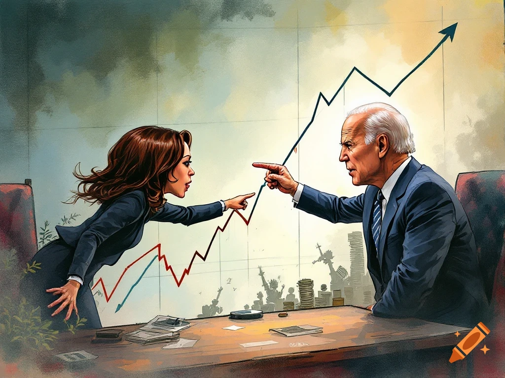 Biden and Kamala Harris point at a graph showing economic decline in an illustration.