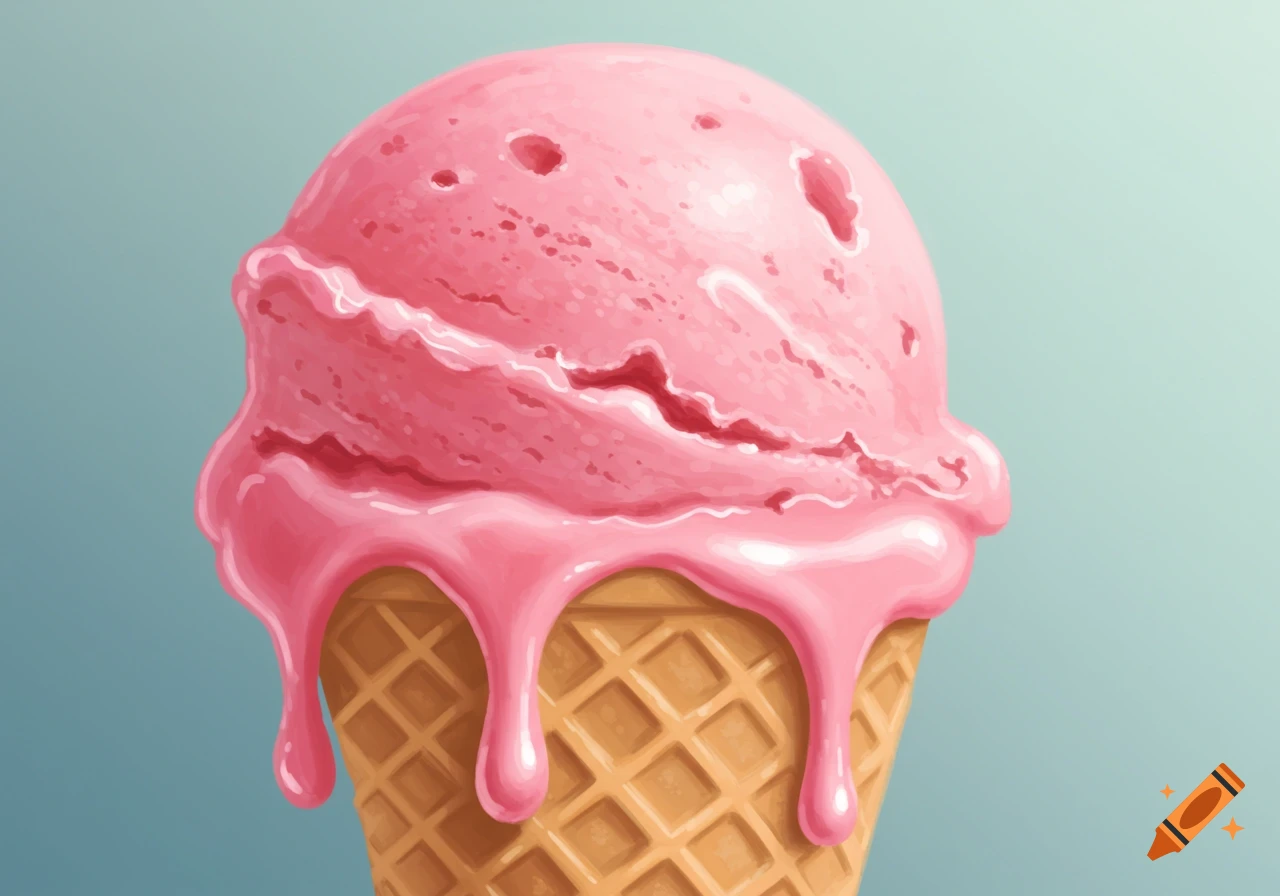 Illustration of pink ice cream melting in a waffle cone.