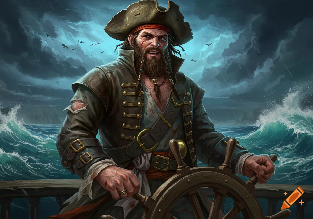 A rugged pirate steers a ship through a stormy sea, illustration
