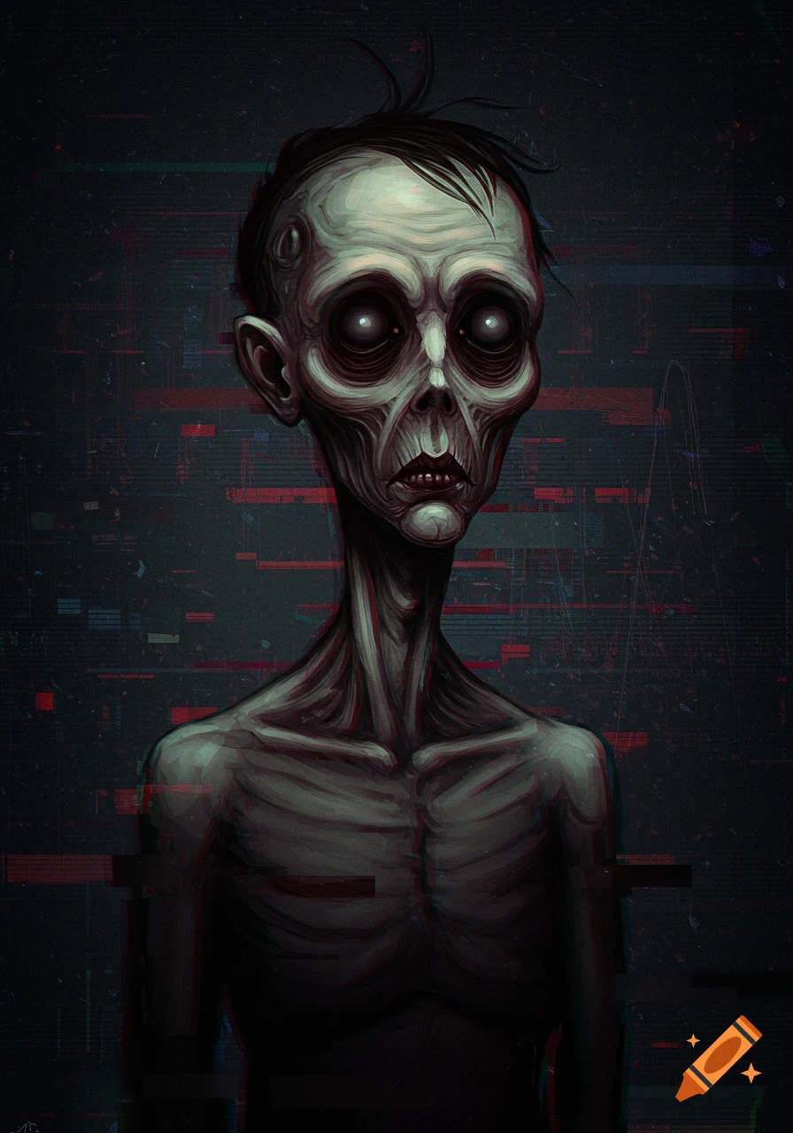 A gaunt, creepy character with dark eyes and visible ribs against a dark, glitchy background, digital art.