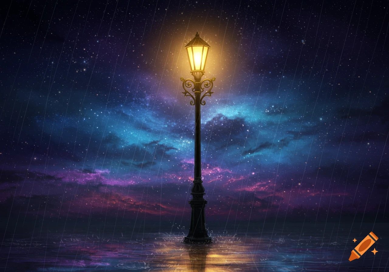 A lit lamp post stands under a starry night sky while it rains.