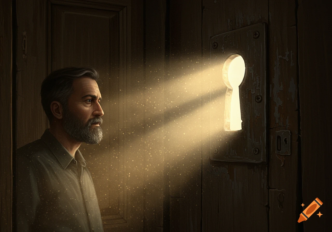 Man looks at light shining through keyhole in dark door