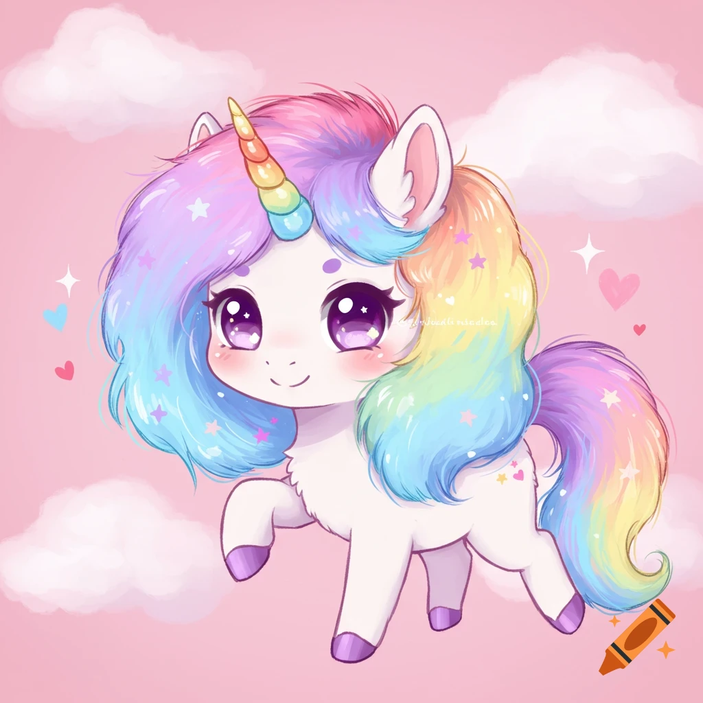 A cute kawaii unicorn with a rainbow mane and tail stands against a pink sky with clouds.