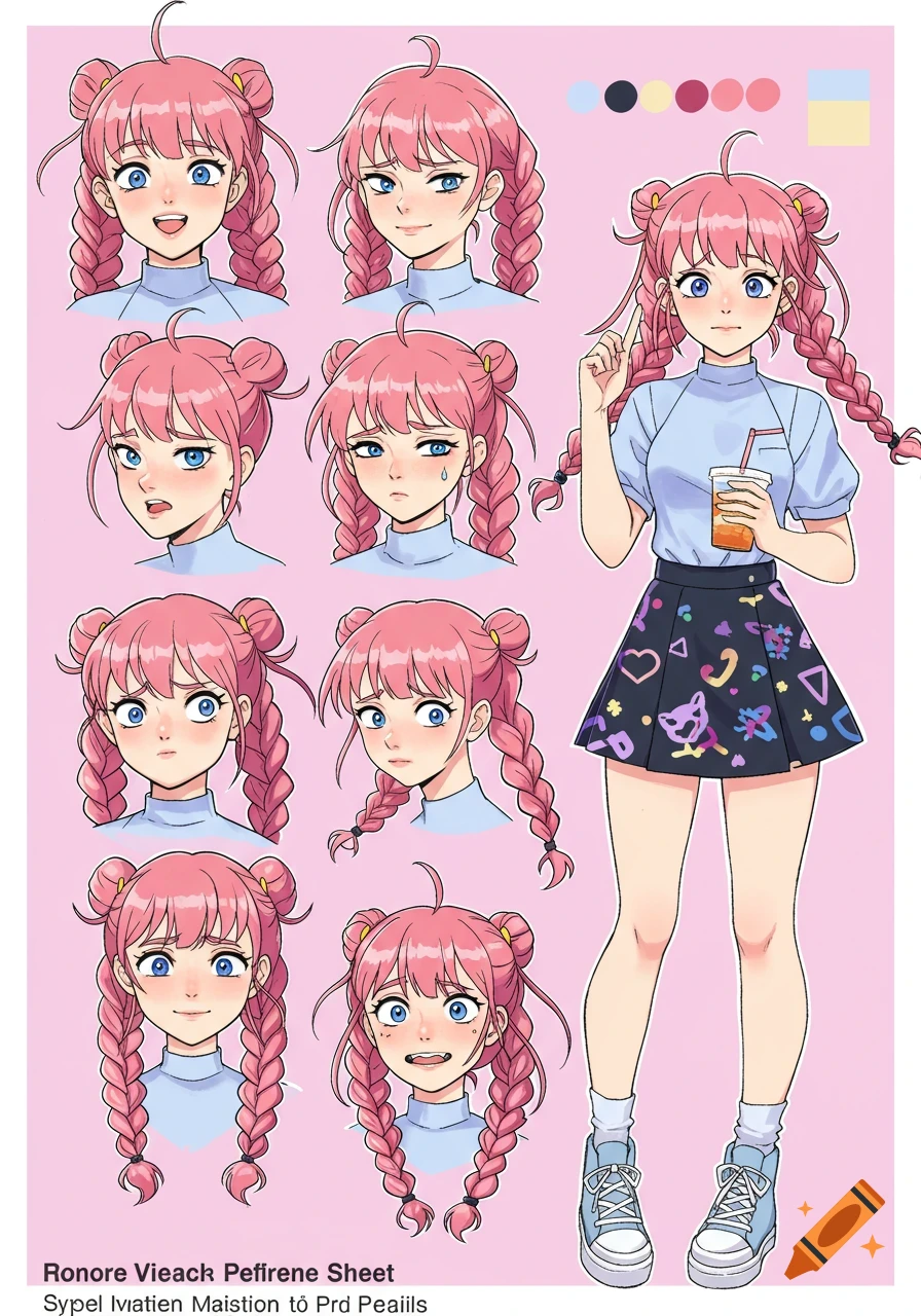 Anime character reference sheet of a girl with pink braided hair, showing multiple facial expressions and a full body pose.
