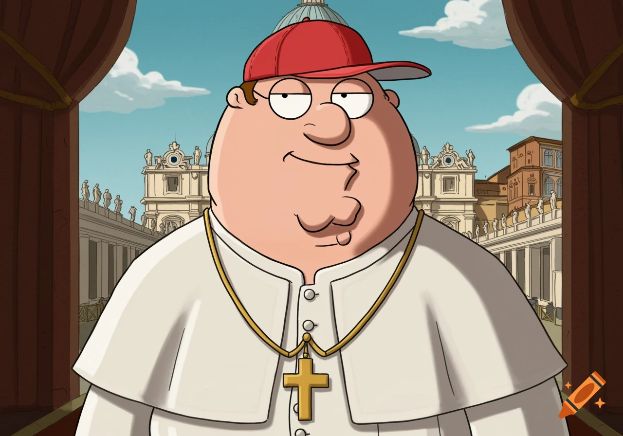 Cartoon of Peter Griffin from Family Guy dressed as the Pope, wearing a red baseball cap under his papal attire in front of a Vatican-like building.