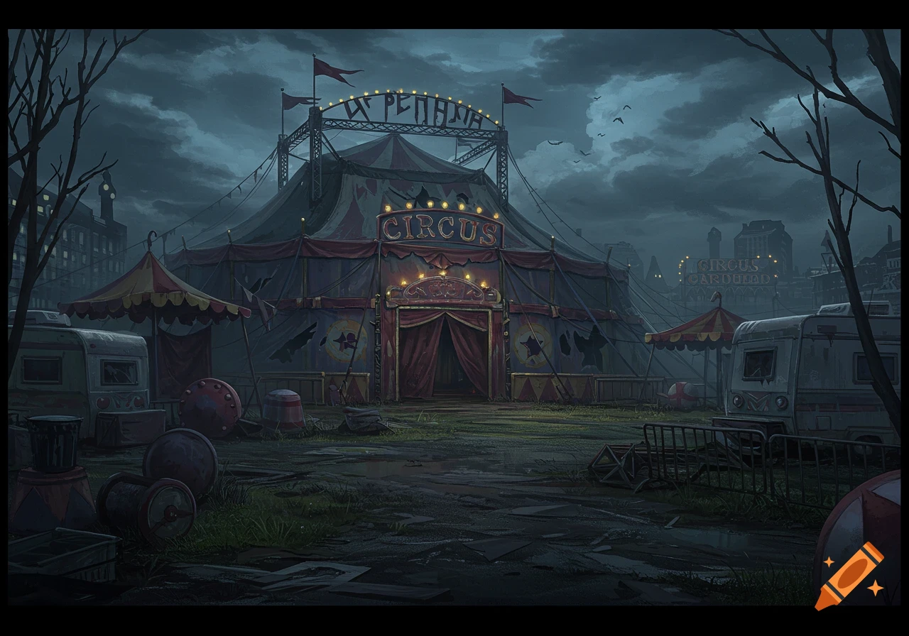 Dark digital painting of an abandoned circus tent with torn fabric and surrounding clutter under a stormy sky.