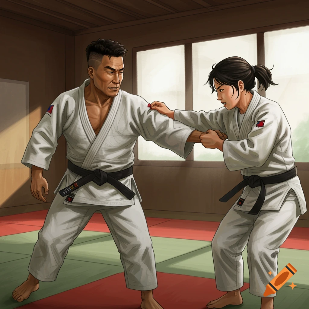 Two judo practitioners training in a dojo, grappling. Stylized illustration.