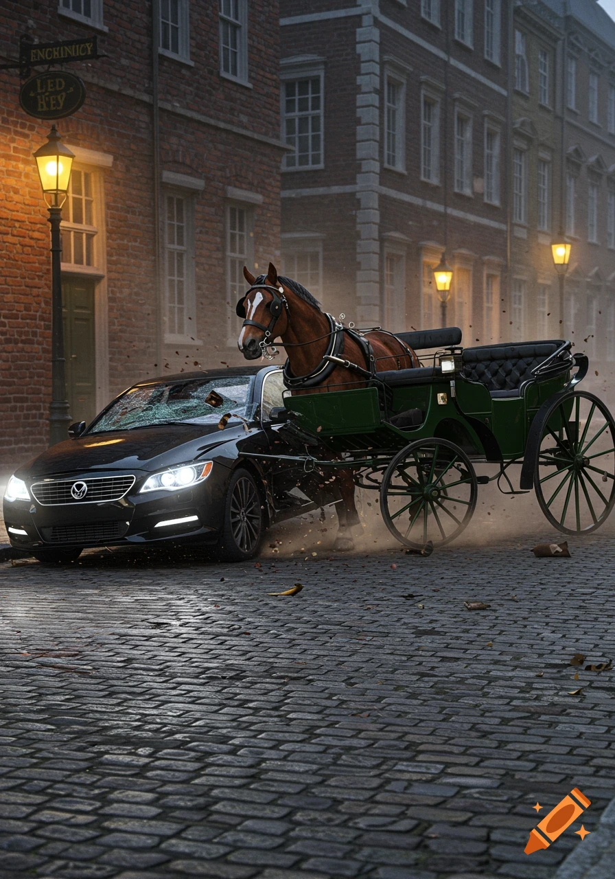 A black car collides with a horse-drawn carriage on a cobblestone street.