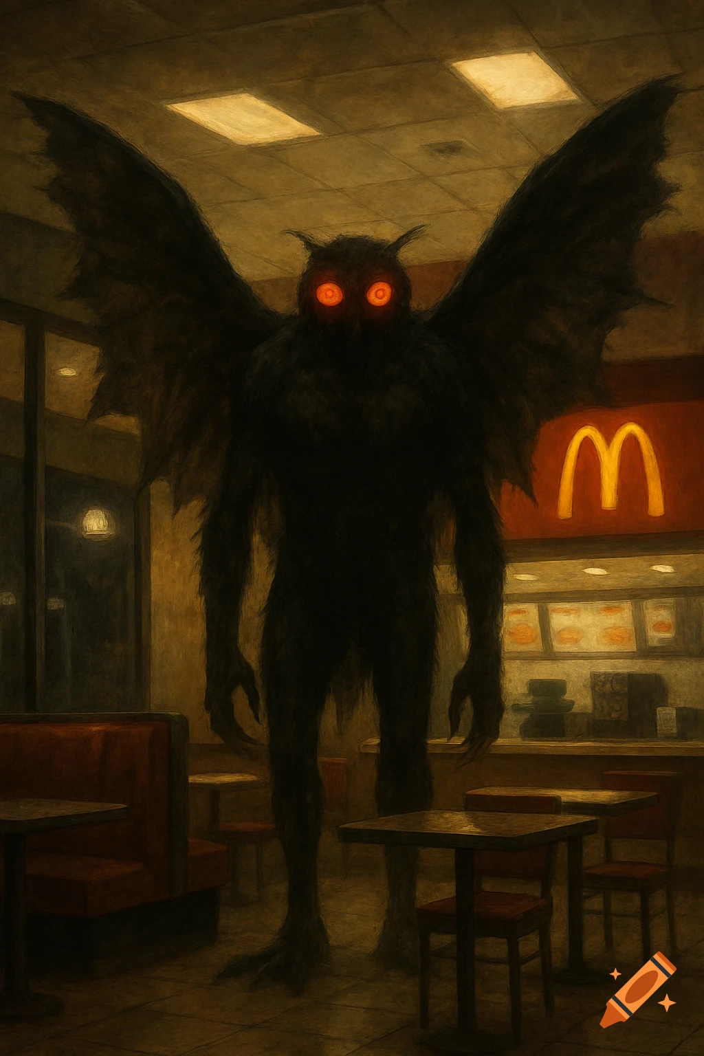 A dark, painterly illustration of a large, winged creature with glowing eyes standing inside a dim McDonald's restaurant.