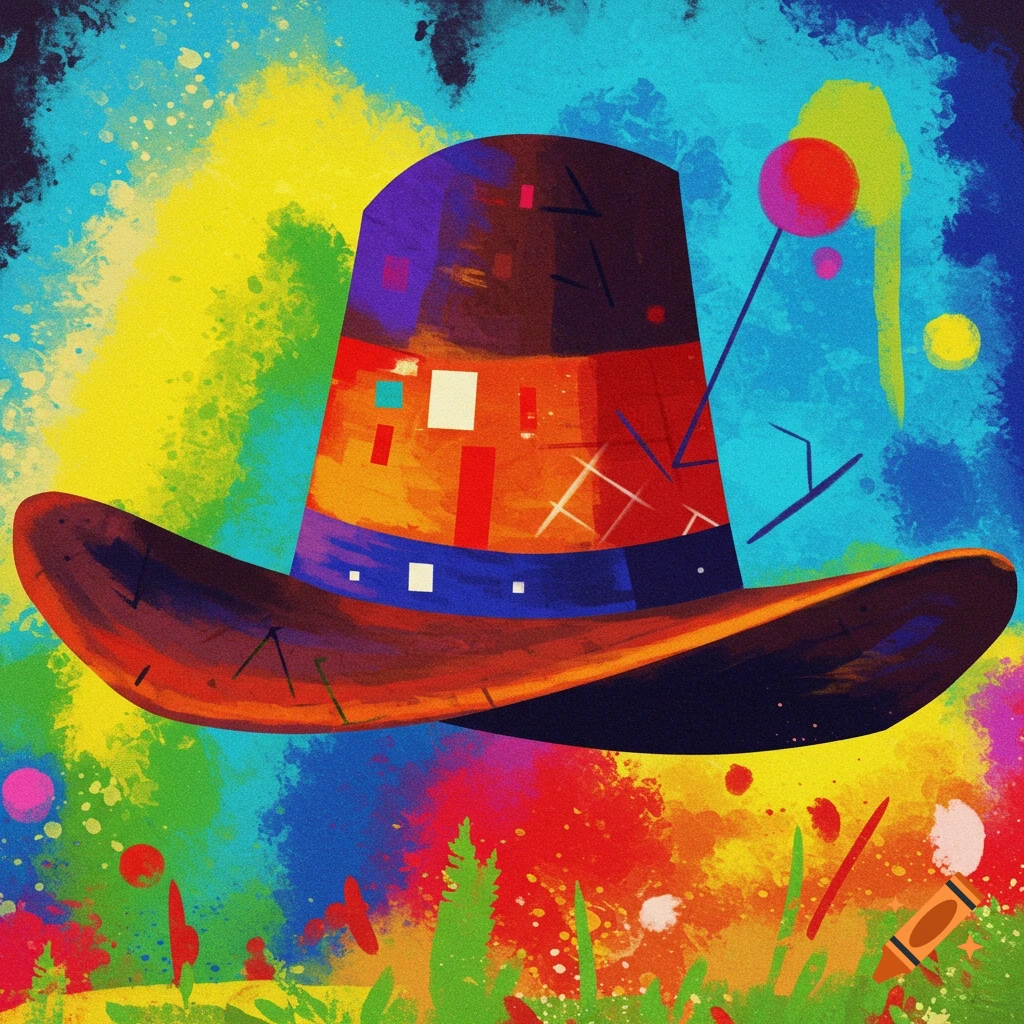 Colorful abstract hat painting in the style of Paul Klee with a vibrant, splashy background.