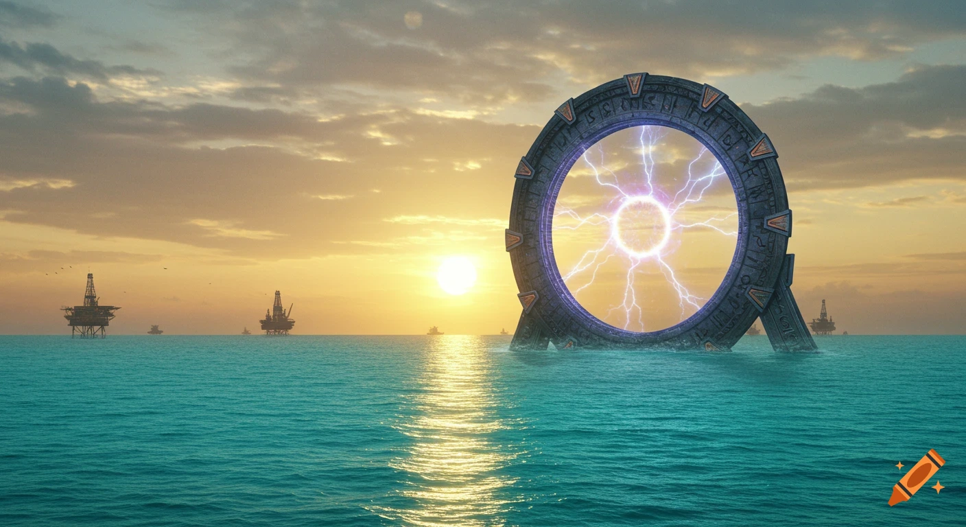 A science fiction stargate in the ocean with oil rigs at sunset. on Craiyon
