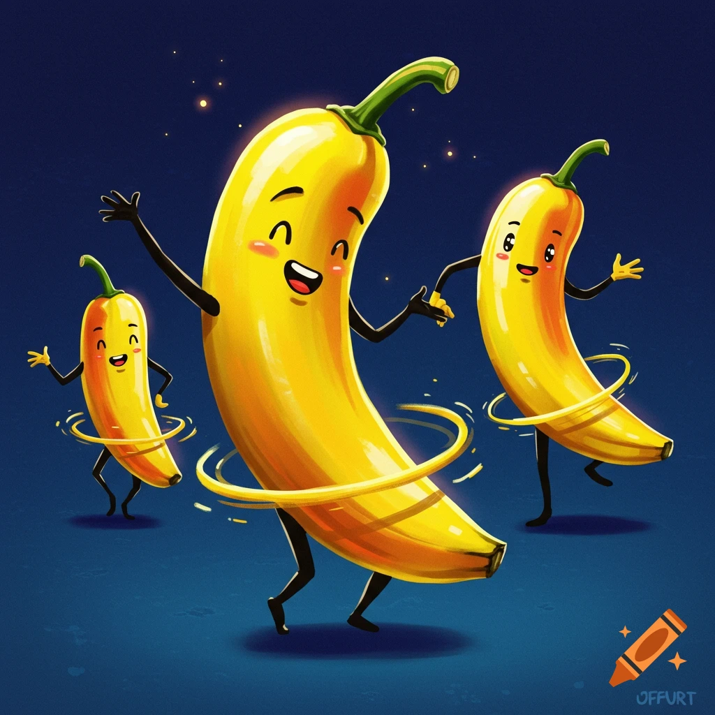 Three cartoon bananas with faces and limbs dance with glowing rings.