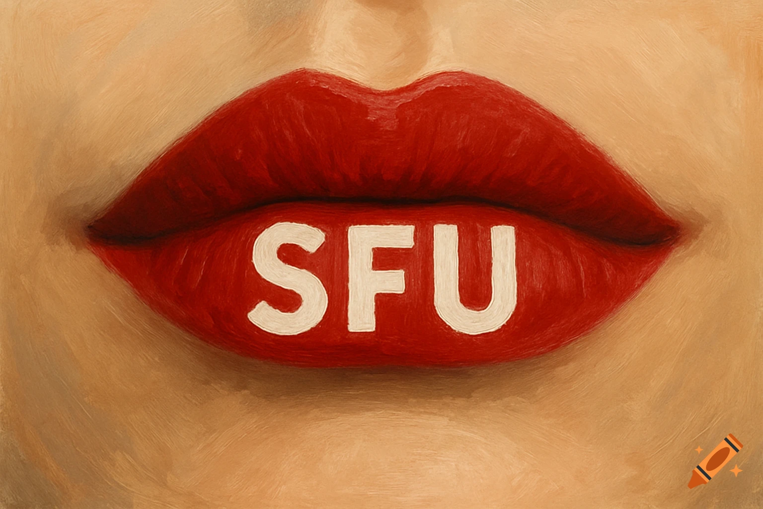 Close-up of red lips with "SFU" text in oil painting style