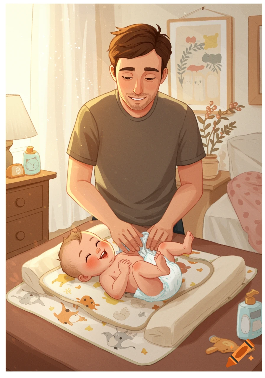 Illustration of a dad changing his baby's diaper on a changing table.