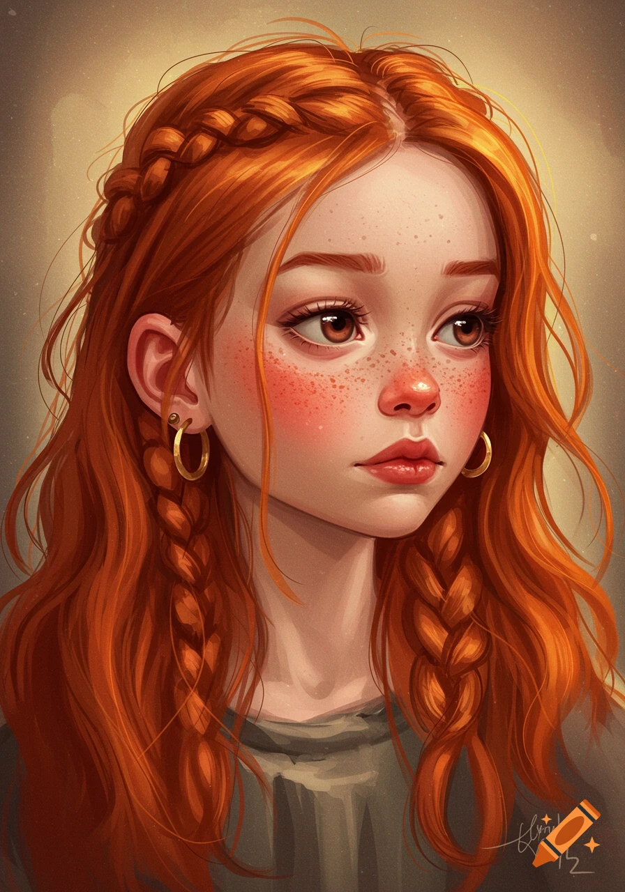 Digital painting portrait of a young girl with red braided hair and ...