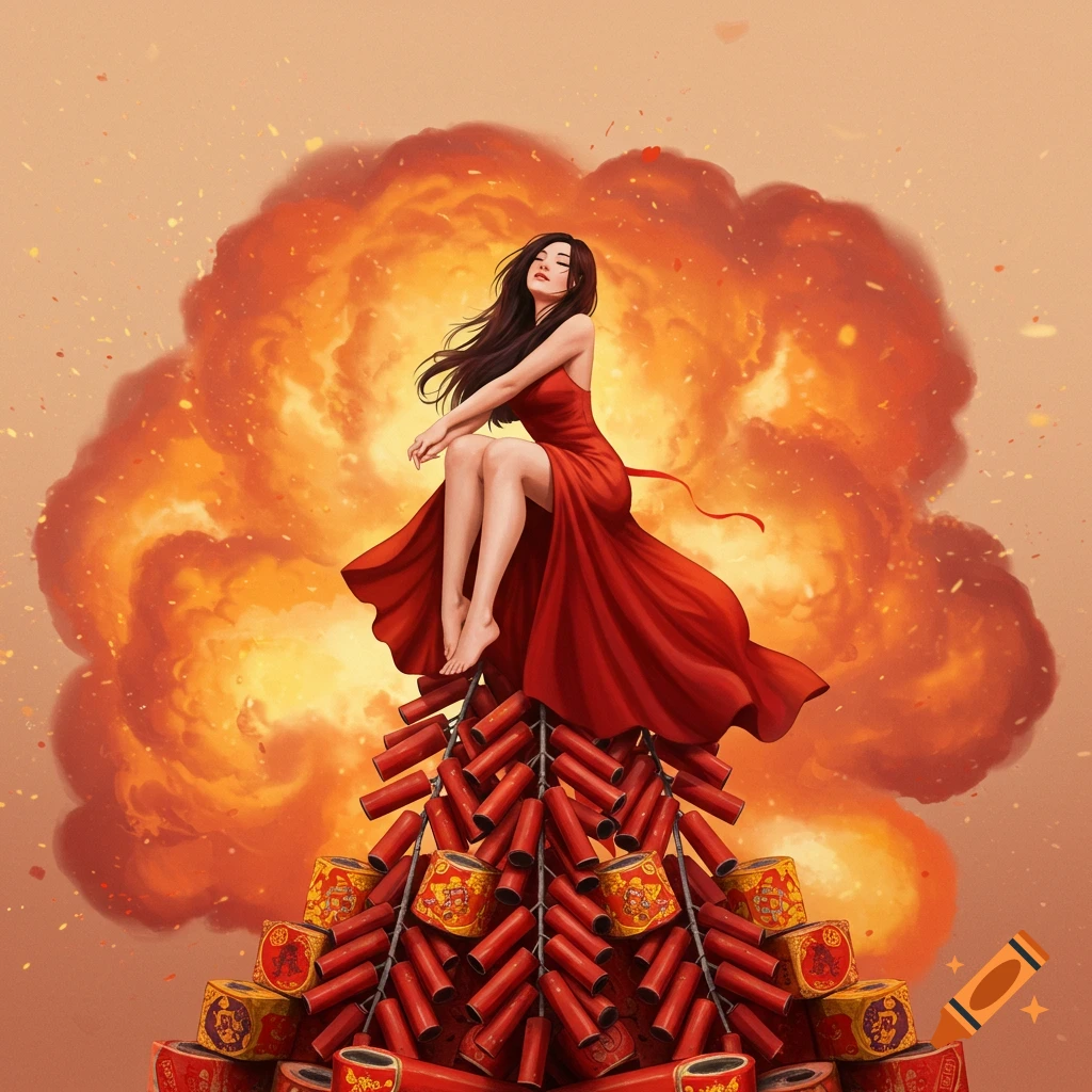 An illustration of a woman in a red dress sitting on a pile of firecrackers with an explosion behind her.