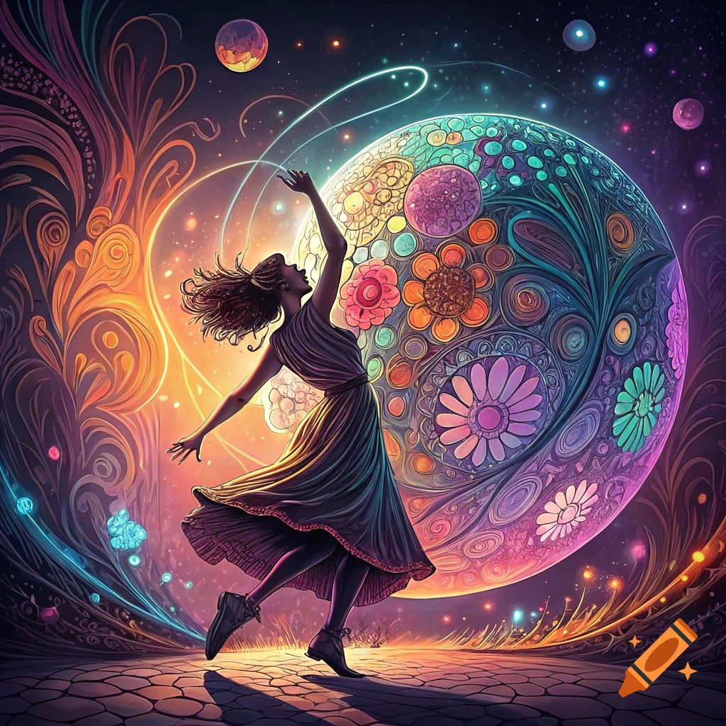 A woman dances in a psychedelic, starry landscape in front of a large orb patterned with flowers and mandalas.