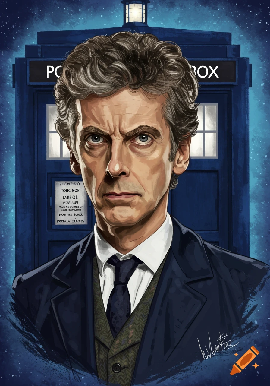 Illustration of Peter Capaldi as the 12th Doctor standing in front of the TARDIS.