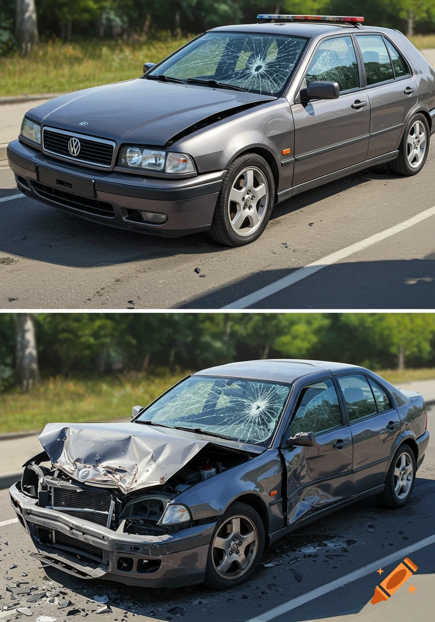 Two views of a grey car damaged in a collision, photorealistic style.