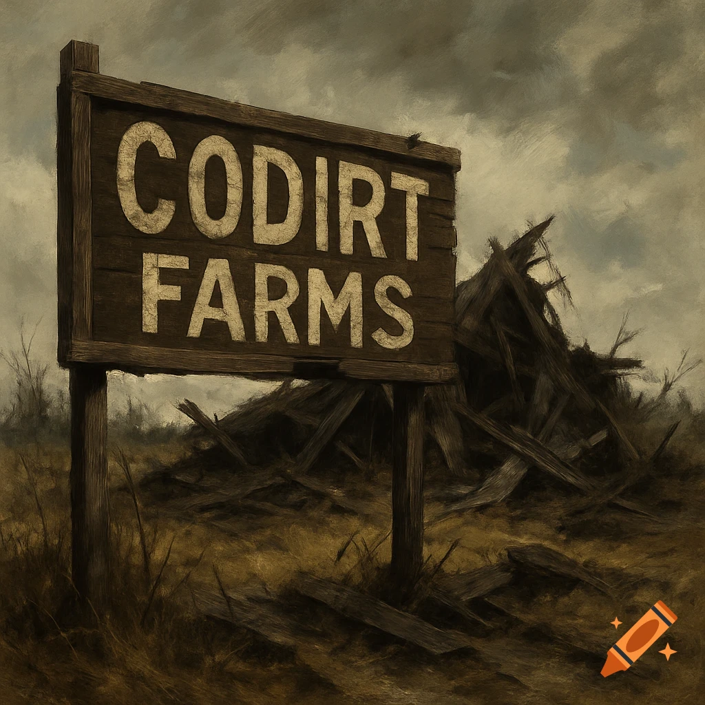 A weathered wooden sign that reads "CODIRT FARMS" stands beside a pile of ruined wood debris in a desolate landscape under a cloudy sky, rendered in a textured painting style.