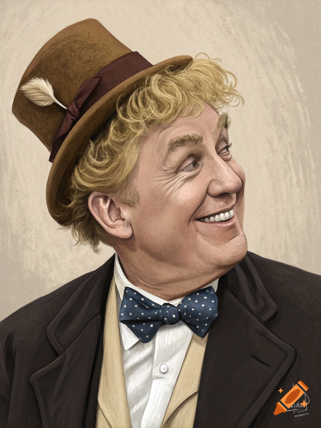 A smiling caricature of a man wearing a brown top hat with a feather, a spotted blue bowtie, and a suit.